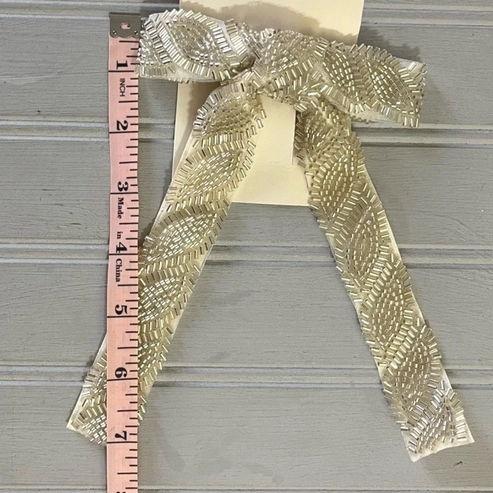 A New Day Silver Beaded Ivory Ribbon Hair Clip And Twister Scarf Set NWT